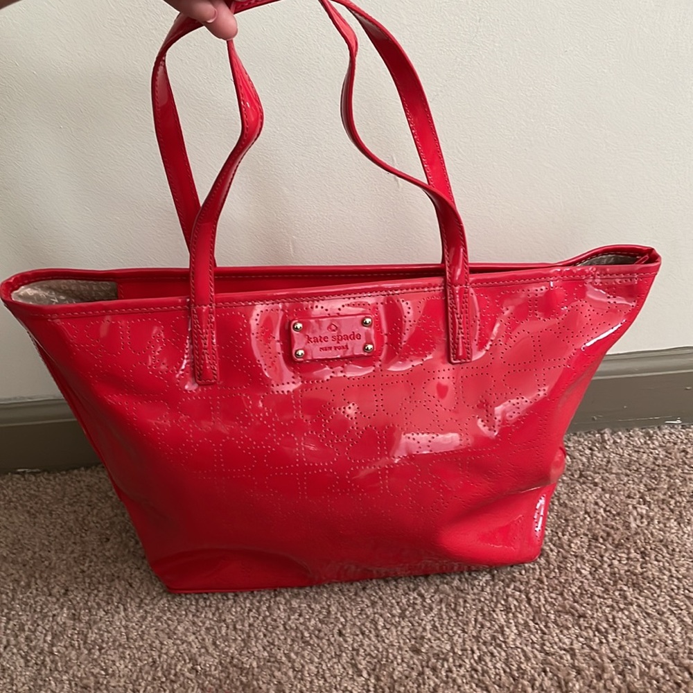 Kate Spade small Harmony Metro Perforated patent & leather Heart Red Tote Bag